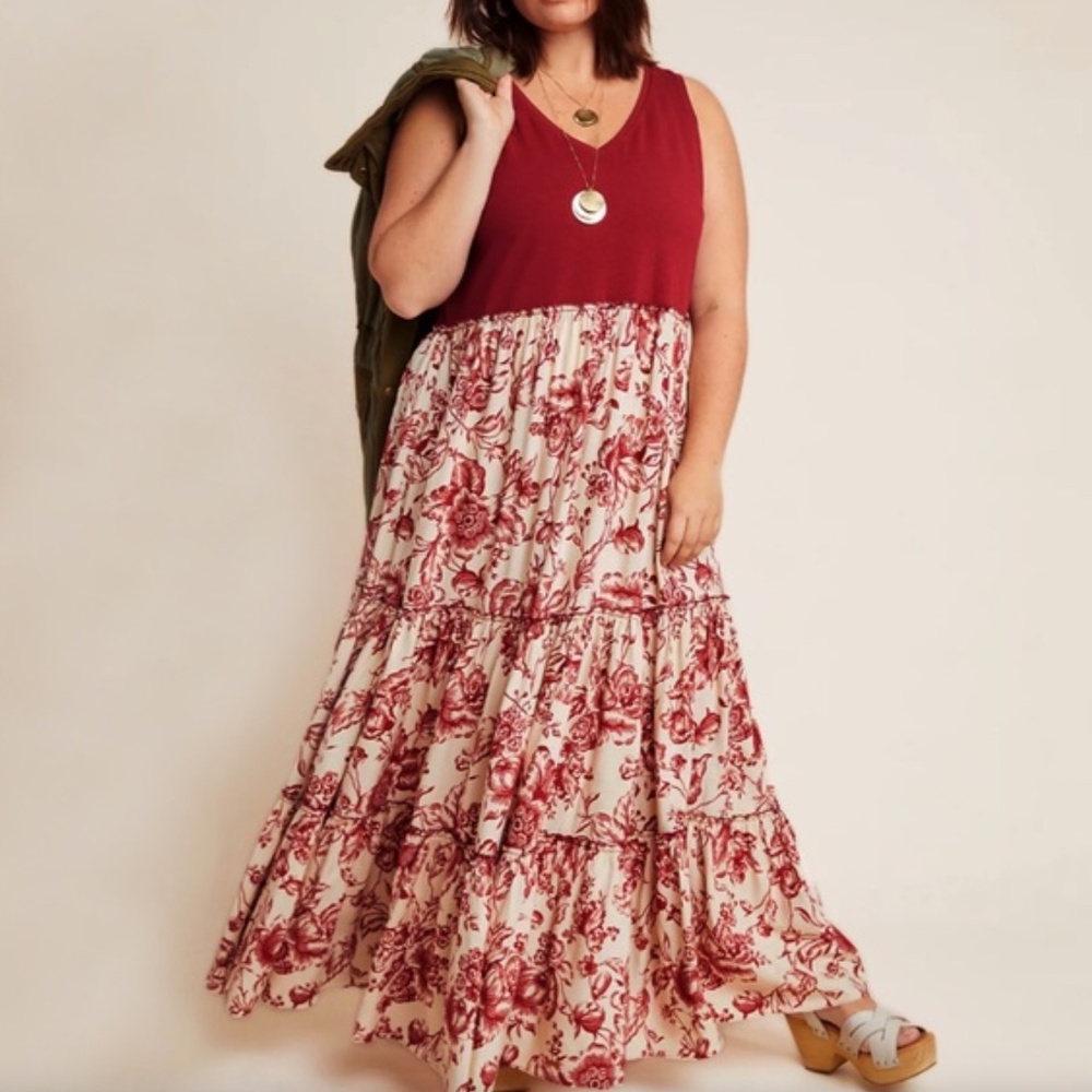 Anthropologie Red and Cream Floral Maxi Dress